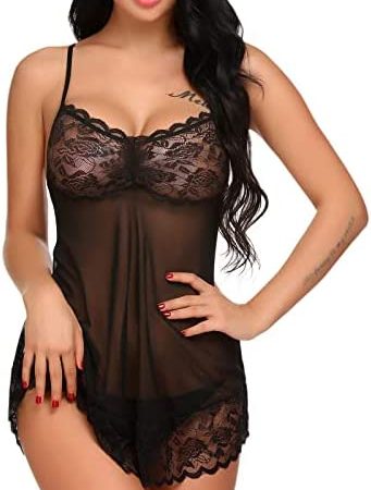 AMhomely Women's Sexy Lingerie Plus Size Babydoll Chemises with G String Sets Female Floral Lace Deep V Neck Mesh Chemise Open Front Sexy Sheer Babydoll Camis Underwear Sets