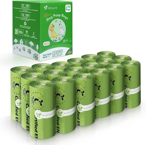 100% Compostable Dog Poop Bags-270Bags 18Rolls, Biodegradable Poop Bags Made of Cornstarch, Certified ASTM D6400 & EN13432, Unscented, Suitable for Large |Small Dogs (Green)