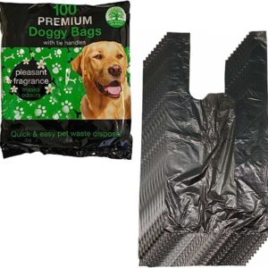 100 Premium Doggy Poo Bags With Tie Handles Pets Home Biodegradable Dog Waste Black Poop Bags Leak Proof Eco-Friendly Cats Puppy Walking Bags Size 26x34