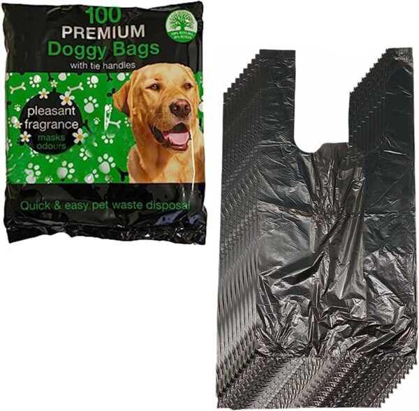 100 Premium Doggy Poo Bags With Tie Handles Pets Home Biodegradable Dog Waste Black Poop Bags Leak Proof Eco-Friendly Cats Puppy Walking Bags Size 26x34