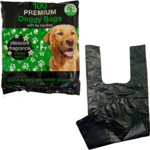 100x Doggy Poo Bags Tie Handles Biodegradable Dog Waste Black Poop Bags Plastic Extra Thick Fragranced Scented Strong 100% Leak Proof Eco-Friendly Cats Puppy Walking Bags Dispenser Pet Supplies