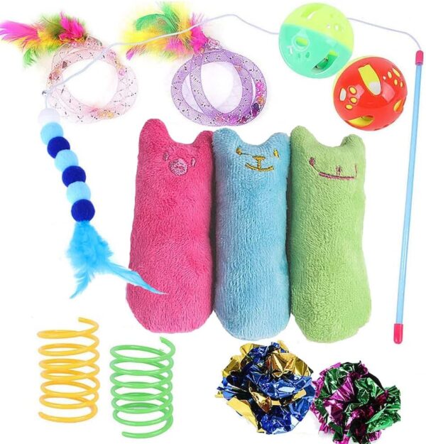 12 Pcs Cat Toys for Indoor Cats Kitten Plush Catnip Toy Cat Teeth Cleaning Toys Interactive Cat Feather Teaser Wand Spring Toy