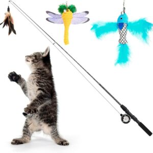 Pawaboo Cat Feather Toys, 4 Pack Interactive Cat feather Teaser Wand Toys, Retractable Fishing Pole Wand Catcher Exerciser with Refill Fish, Dragonfly Worm with Bells, Fun Cat Kitten Kitty Playing Toy