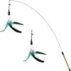 Pawaboo Feather Teaser Cat Toy, Interactive Feather Wand Cat Toy Flying Feather Cat Catcher with Extra Long 34.5" Wand and Small Bell, Fun Exerciser Playing Toy for kitten or cat, White & Green