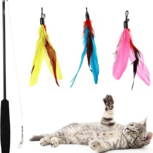 Cat Fishing Rod Toy,Cat Feather Toys With Retractable Teaser Interactive Cat Wand Toys Flirt Pole Cat Toys for Indoor cats adult Kitten for Play,Exercise,Activity & Fun 3 Pcs Replacement Refills