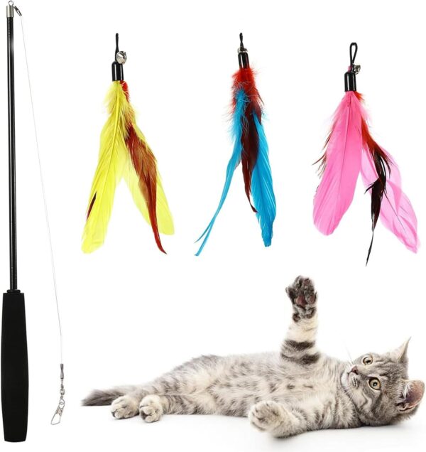 Cat Fishing Rod Toy,Cat Feather Toys With Retractable Teaser Interactive Cat Wand Toys Flirt Pole Cat Toys for Indoor cats adult Kitten for Play,Exercise,Activity & Fun 3 Pcs Replacement Refills