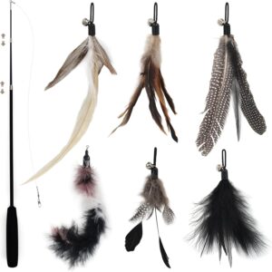 SONGWAY Cat Feather Stick Toy - 7 PCS Cat Feather Toys, 1 Cat Teaser Wand with 6 Feather Refills with Bell, Interactive Cat Toy Wand for Indoor Cat and Kitten, Black