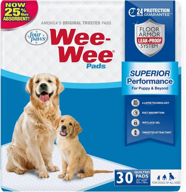 Four Paws Wee-Wee Superior Performance Pee Pads for Dogs & Puppies, with 6-Layer Leak Proof Technology, for House Training – Large, 56cm x 58cm (22" x 23"), (30 Count)