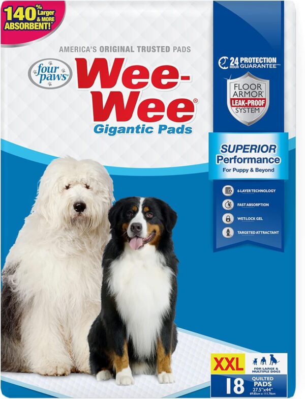 Four Paws Wee-Wee Superior Performance Pee Pads for Dogs & Puppies, with 6-Layer Leak Proof Technology, for House Training – Gigantic, 69.85cm x 111.76cm (27.5" x 44"), (18 Count)