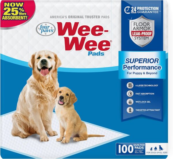 Four Paws Wee-Wee Superior Performance Pee Pads for Dogs & Puppies, with 6-Layer Leak Proof Technology, for House Training – Large, 56cm x 58cm (22" x 23"), (100 Count)