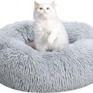 TOHDNC Cat Dog Round Bed 50cm, Calming Fluffy Plush Cat Bed Anti Anxiety Cozy Donut Pet Bed Cuddler with Non-Slip Bottom Warming Dog Bed Washable Cushion for Small Medium Dogs and Cats