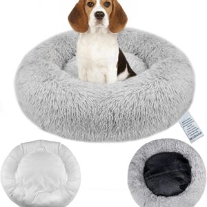 OKPOW Donut Dog Bed Extra Large Washable - 80cm Anti Anxiety Calming Cosy Fluffy Plush Puppy Kitten Round Super Soft Snuggle Pet Cat Beds for Indoor Cats Light Grey