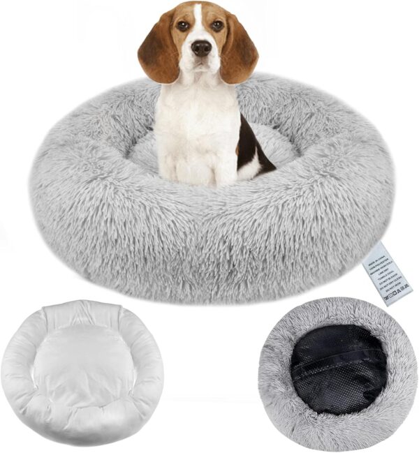 OKPOW Donut Dog Bed Extra Large Washable - 80cm Anti Anxiety Calming Cosy Fluffy Plush Puppy Kitten Round Super Soft Snuggle Pet Cat Beds for Indoor Cats Light Grey