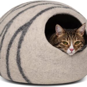 MEOWFIA Premium Felt Cat Bed Cave - Handmade 100% Merino Wool Bed for Cats and Kittens (Light Shades) (Medium, Light Grey)