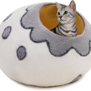 Woolygon Wool Cat Cave Bed Handcrafted from 100% Merino Wool, Eco-Friendly Felt Cat Cave for Indoor Cats and Kittens (Flower Collar)