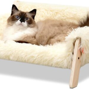 MEWOOFUN Large Cat Bed Sturdy Wooden Leg Raised Cat Sofa Bed Kitten Bed for Indoor Cats - Soft Cat Couch with Removable Cover Hold up 15kg, 56x45cm White