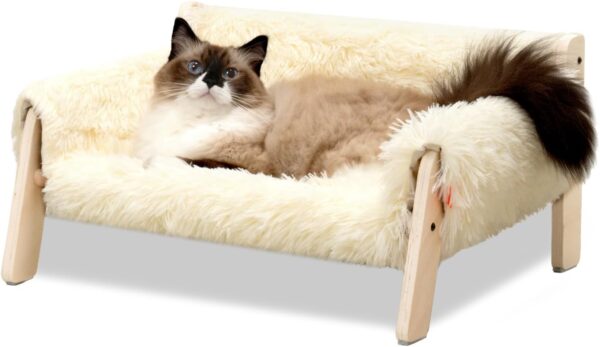 MEWOOFUN Large Cat Bed Sturdy Wooden Leg Raised Cat Sofa Bed Kitten Bed for Indoor Cats - Soft Cat Couch with Removable Cover Hold up 15kg, 56x45cm White