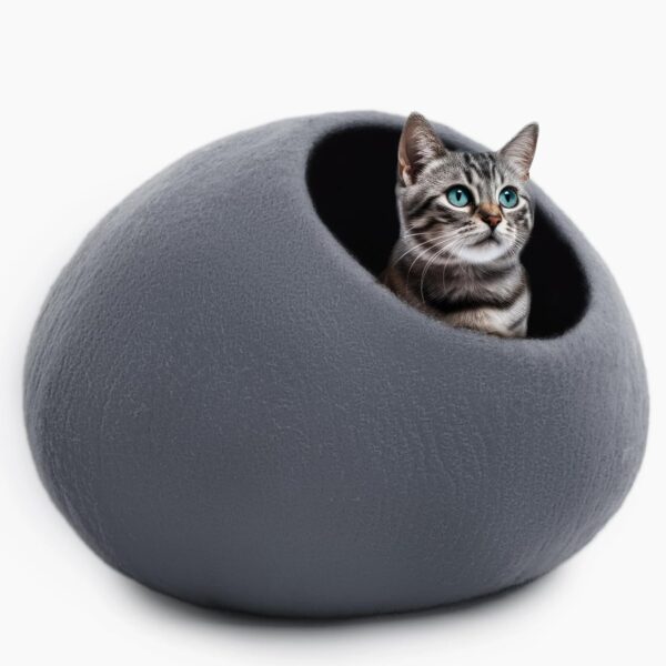 Woolygon Wool Cat Cave Bed Handcrafted from 100% Merino Wool, Eco-Friendly Felt Cat Cave for Indoor Cats and Kittens (Grey)