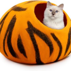 Woolygon Wool Cat Cave Bed Handcrafted from 100% Merino Wool, Eco-Friendly Felt Cat Cave for Indoor Cats and Kittens (Bengal Tiger)