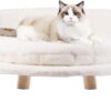BingoPaw Cat Sofa Chair Bed: Elevated Nordic Pet Stool Bed with Removable Waterproof Mat - Raised Plush Fur Dog Kitten Couch with Wooden Legs Frame (Dia 40cm)