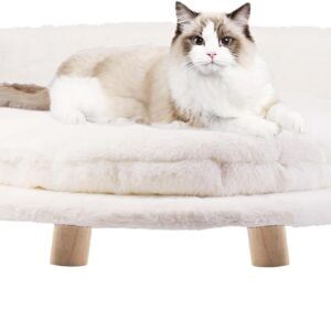 BingoPaw Cat Sofa Chair Bed: Elevated Nordic Pet Stool Bed with Removable Waterproof Mat - Raised Plush Fur Dog Kitten Couch with Wooden Legs Frame (Dia 40cm)