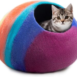 Woolygon Wool Cat Cave Bed Handcrafted from 100% Merino Wool, Eco-Friendly Felt Cat Cave for Indoor Cats and Kittens (Rainbow Twist)