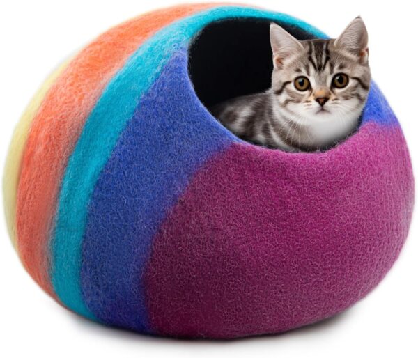 Woolygon Wool Cat Cave Bed Handcrafted from 100% Merino Wool, Eco-Friendly Felt Cat Cave for Indoor Cats and Kittens (Rainbow Twist)