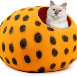 Woolygon Wool Cat Cave Bed Handcrafted from 100% Merino Wool, Eco-Friendly Felt Cat Cave for Indoor Cats and Kittens (Orange/Black Dots)