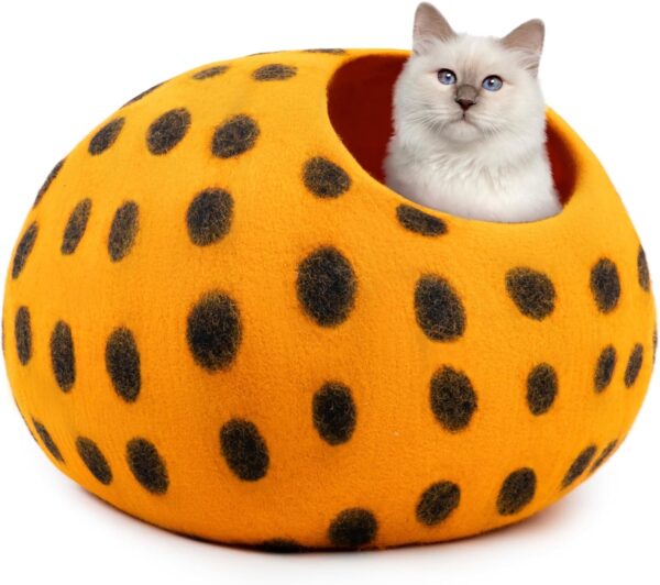 Woolygon Wool Cat Cave Bed Handcrafted from 100% Merino Wool, Eco-Friendly Felt Cat Cave for Indoor Cats and Kittens (Orange/Black Dots)