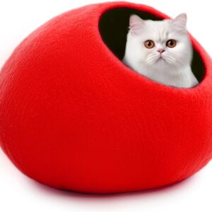 Woolygon Wool Cat Cave Bed Handcrafted from 100% Merino Wool, Eco-Friendly Felt Cat Cave for Indoor Cats and Kittens (Red)