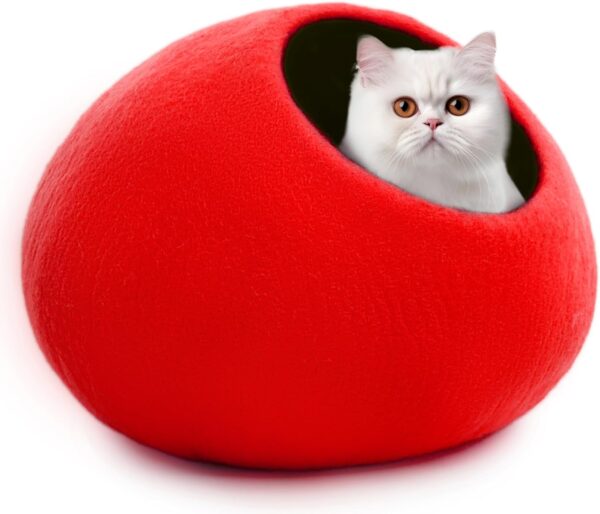 Woolygon Wool Cat Cave Bed Handcrafted from 100% Merino Wool, Eco-Friendly Felt Cat Cave for Indoor Cats and Kittens (Red)