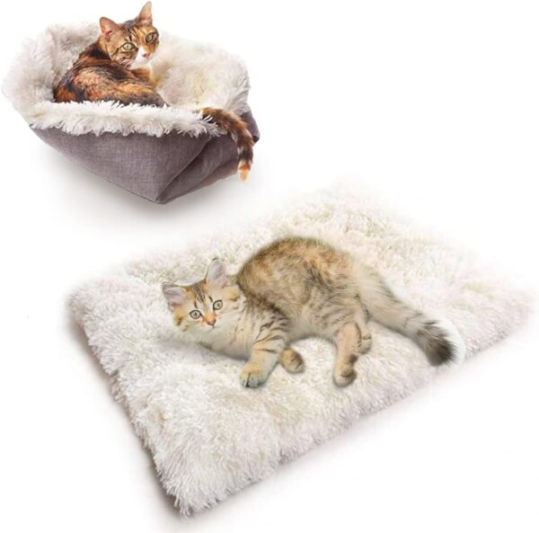 TUAKIMCE Cat Beds for Medium Cats and Dogs Function 2 in 1 Plush Soft Blanket and Cat Beds for Indoor Cats Warm Fluffy Pet Mat Puppy Bed Kitten Bed Washable (White1)