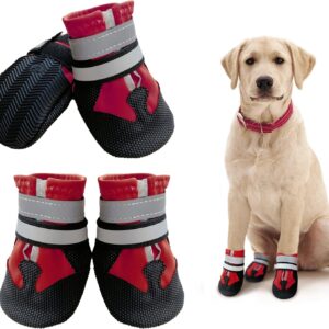 NeuWook Dog Shoes, Waterproof Dog Boots for Injured Paws, Set of 4 Non-Slip Dog Protective Boots Wear-Resistant Dog Shoes with Reflective Straps for Small Medium Large Dogs Outdoor (S, Red)