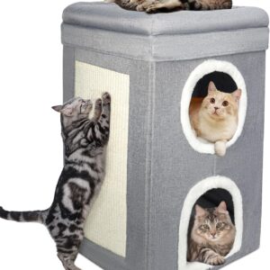 2-Layer Cat House, Cat Beds for Indoor Cats, Foldable Large Cat Bed with Scratch Pad and Cave, Covered Cat House Indoor, Semi-Enclosed Cat Bed Igloo for Multi-Pet Kitten and Little Dogs, Grey