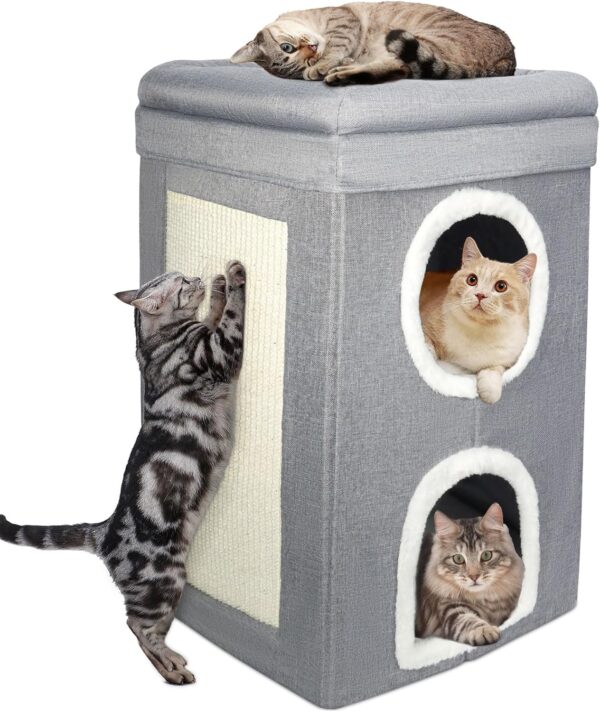 2-Layer Cat House, Cat Beds for Indoor Cats, Foldable Large Cat Bed with Scratch Pad and Cave, Covered Cat House Indoor, Semi-Enclosed Cat Bed Igloo for Multi-Pet Kitten and Little Dogs, Grey