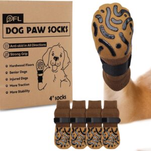 2 Pairs Anti Slip Dog Socks Paws Stop Licking, Dog Paw Protectors Dog Socks with Grips Strong Traction, Adjustable Dog Boots Dog Shoes for Senior Dogs Hardwood Floors Indoor Outdoor Walking(Brown,L)