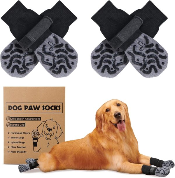 2 Pairs Dog Socks Paws Stop Licking, Anti Slip Dog Socks with Grips Strong Traction, Adjustable Dog Paw Protectors Prevent Scratching for Senior Dogs Hardwood Floors Indoor Outdoor Walking, Size L