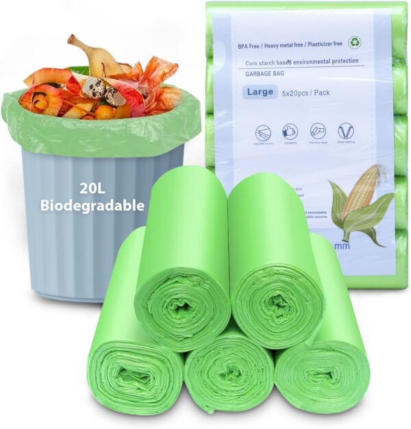 20L Bin Liners,100 Counts Biodegradable Bin Bags 5.2 Gallon Trash Bags,5 Rolls,Rubbish Bags For Food Waste, Garden Waste, Office, Home, Pet (60x50cm)