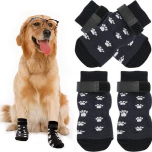 4 PCS Anti Slip Dog Socks, Dog Claw Socks, Pet Paw Protector Dog Boots Double-sided Non-slip Strong Traction Control With Adjustable Strap for Small Medium Large Dogs Indoor Wear Outdoor Walking S