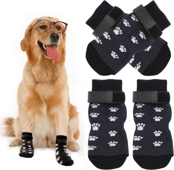 4 PCS Anti Slip Dog Socks, Dog Claw Socks, Pet Paw Protector Dog Boots Double-sided Non-slip Strong Traction Control With Adjustable Strap for Small Medium Large Dogs Indoor Wear Outdoor Walking S