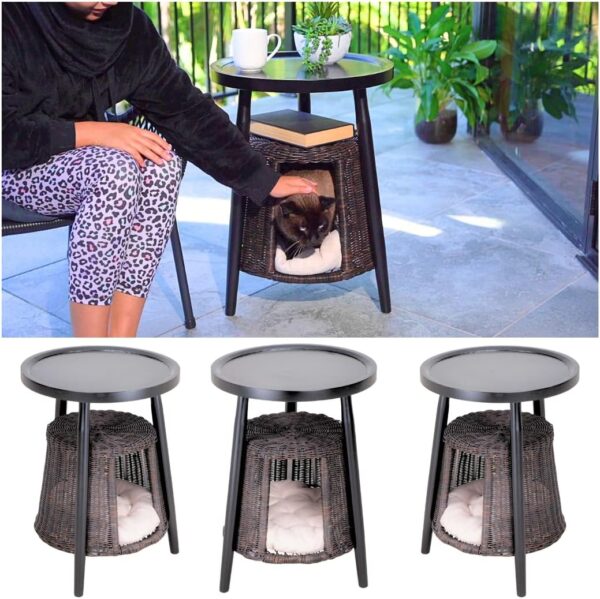 ANSCHAUN Cat Condo Side Table, 2-in1 End Table & Cat Bed, Kitten Hideaway Cave House with Washable Cushion, Decorative Pet Furniture, TV Coffee Table Kitty Hideout Hut (Black Rattan Classic Wood Top)