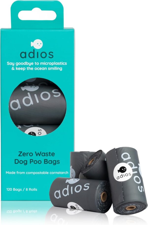 Adios Plastic Biodegradable Dog Poop Bags - Extra Thick Compostable Dog Poo Bags Made from Highest Rated EN13432 Certified Cornstarch | Leak Proof Dog Waste Bags in Grey Colour | 8 Rolls, 120 Bags