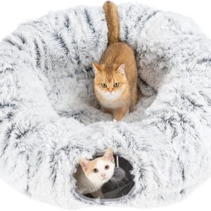 Avont Cat Tunnel Bed with Central Mat, Large Cat Donut Bed Tunnel Tube for Indoor Cats Kittens Ferret, Plush Fluffy Cat Doughnut Play Tunnels -Grey