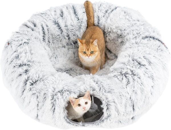 Avont Cat Tunnel Bed with Central Mat, Large Cat Donut Bed Tunnel Tube for Indoor Cats Kittens Ferret, Plush Fluffy Cat Doughnut Play Tunnels -Grey