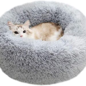 BODISEINT Modern Soft Plush Round Pet Bed for Cats or Small Dogs, Mini Medium Sized Dog Cat Bed Self Warming Autumn Winter Indoor Snooze Sleeping Cozy Kitty Teddy Kennel (M(23.6”Dx7.9 H), Light Grey)