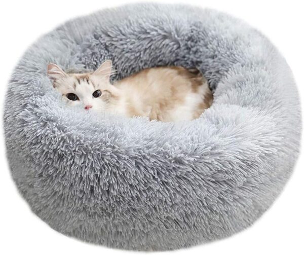 BODISEINT Modern Soft Plush Round Pet Bed for Cats or Small Dogs, Mini Medium Sized Dog Cat Bed Self Warming Autumn Winter Indoor Snooze Sleeping Cozy Kitty Teddy Kennel (M(23.6”Dx7.9 H), Light Grey)