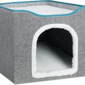 BRIAN & DANY Foldable Cat Cave Bed, Cat Cube House with 2 Reversible Pads & Cat Ball, 42 x 42 x 35.5 cm, Grey