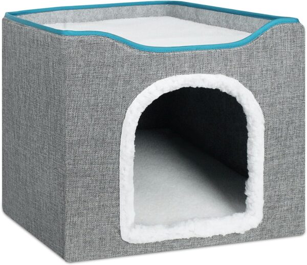 BRIAN & DANY Foldable Cat Cave Bed, Cat Cube House with 2 Reversible Pads & Cat Ball, 42 x 42 x 35.5 cm, Grey