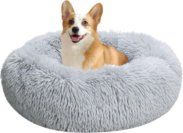 Baguuaray Dog Bed Cat Bed 50CM Washable Warm Plush Fluffy Round Pet Bed with Anti-Slip Bottom Suitable for Cat and Small Medium Dogs (Light Grey)