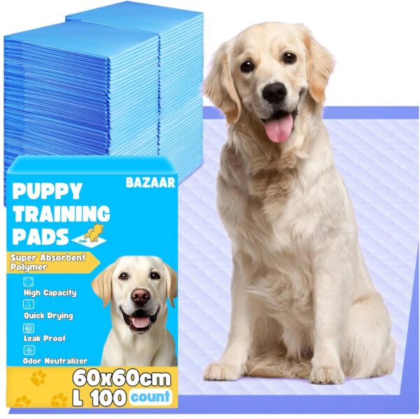 Bazaar Large Puppy Pads 100 Pack Disposable Puppy Training Pads 60x60cm | Highly Absorbent Leak-Proof Dog Training Pads | Premium Quality Quick-Dry Dog Pads (60x60cm - 100 Count)